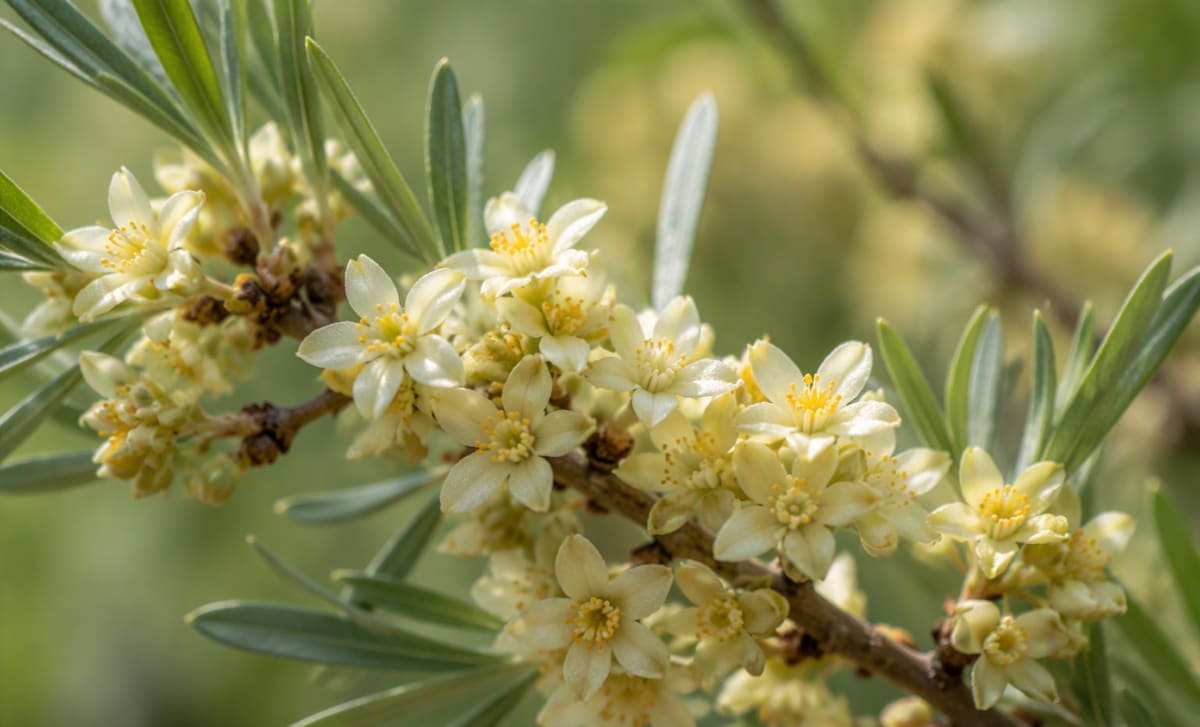 Small pale sea buckthorn flowers clustered on a branch in soft light