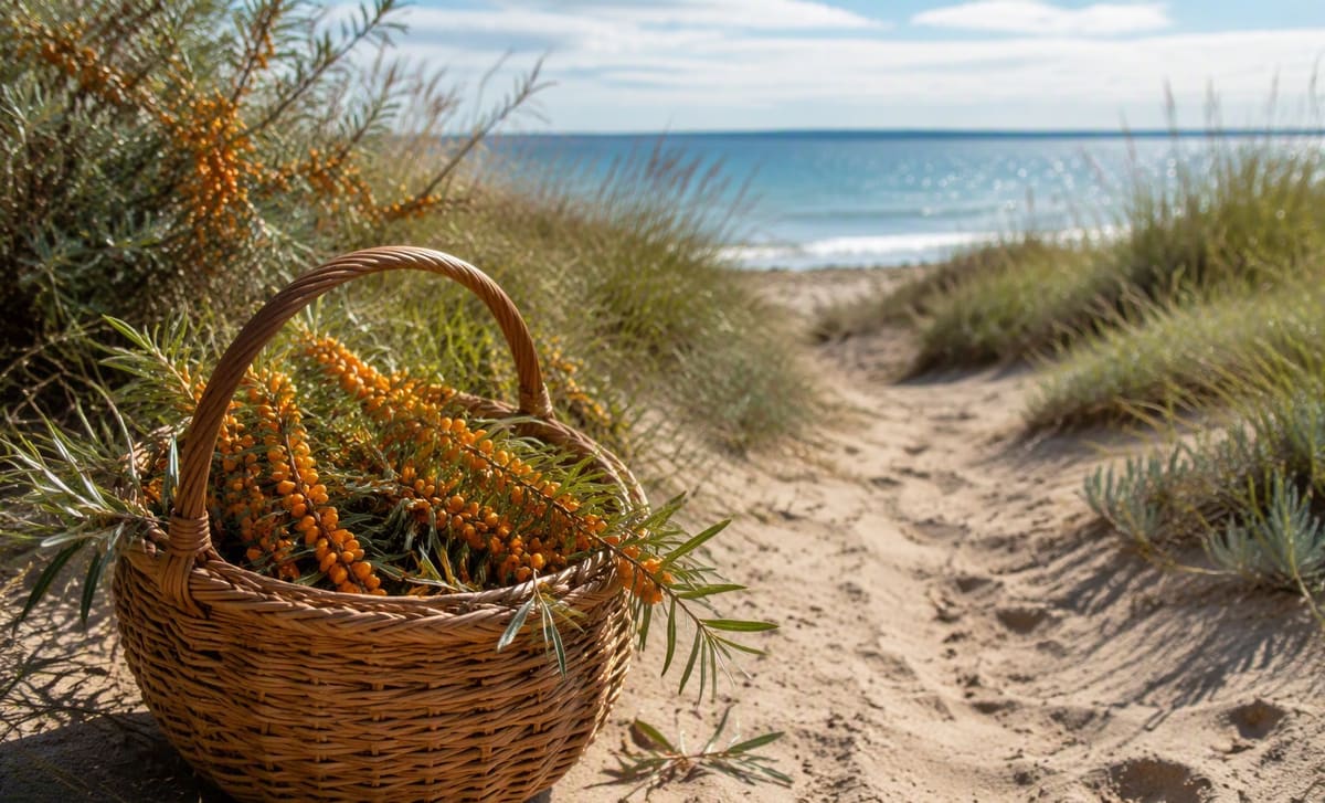 A woven basket of harvested sea buckthorn sprigs on a coastal dune path