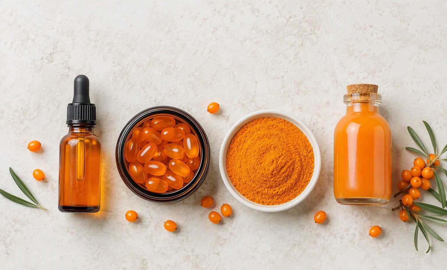 An overhead row of sea buckthorn forms: oil dropper bottle, softgel capsules, orange powder, and juice