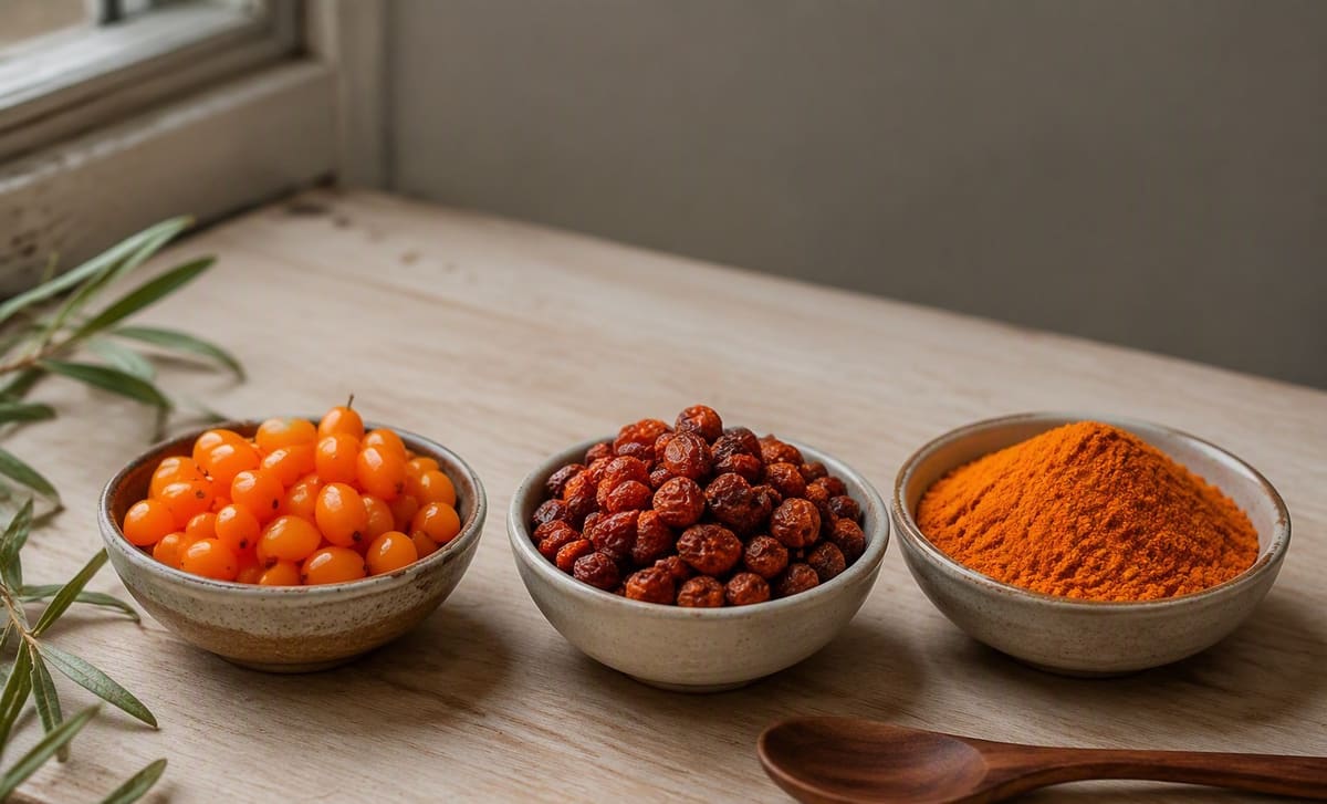 Three bowls of fresh, dried, and powdered sea buckthorn berries on light wood
