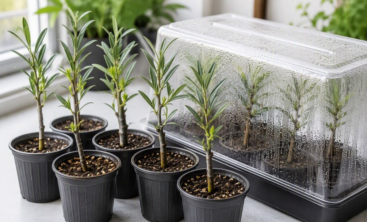 Fresh sea buckthorn cuttings in small nursery pots with a humidity cover