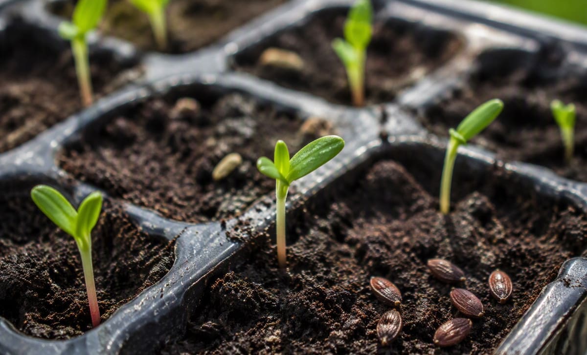 Tiny sea buckthorn seedlings sprouting in a seed tray with dark seeds beside