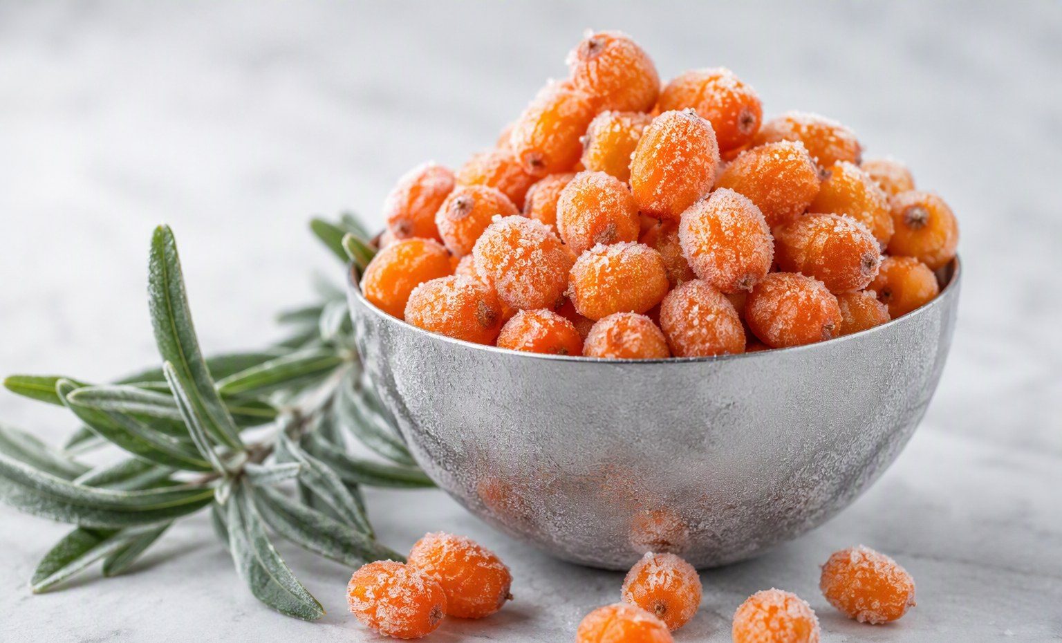 A frosted metal bowl of frozen sea buckthorn berries with ice crystals and a leaf sprig