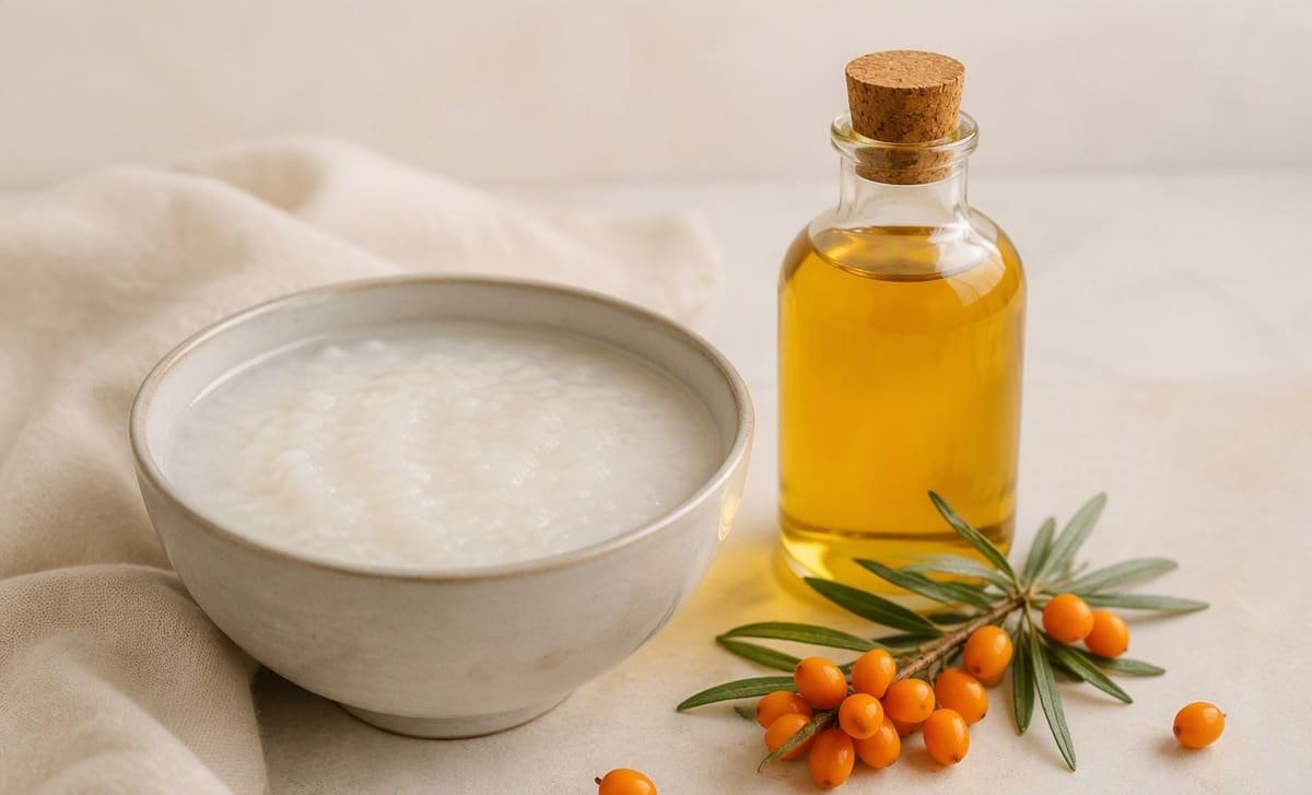 A bowl of plain rice congee beside a bottle of golden sea buckthorn oil and fresh berries