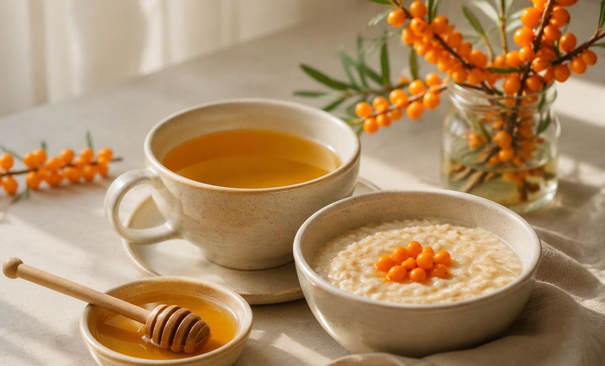 A cup of mild sea buckthorn tea with soft oatmeal, berries, and honey