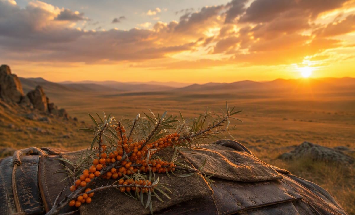 A sea buckthorn branch on weathered leather with the Mongolian steppe at golden hour