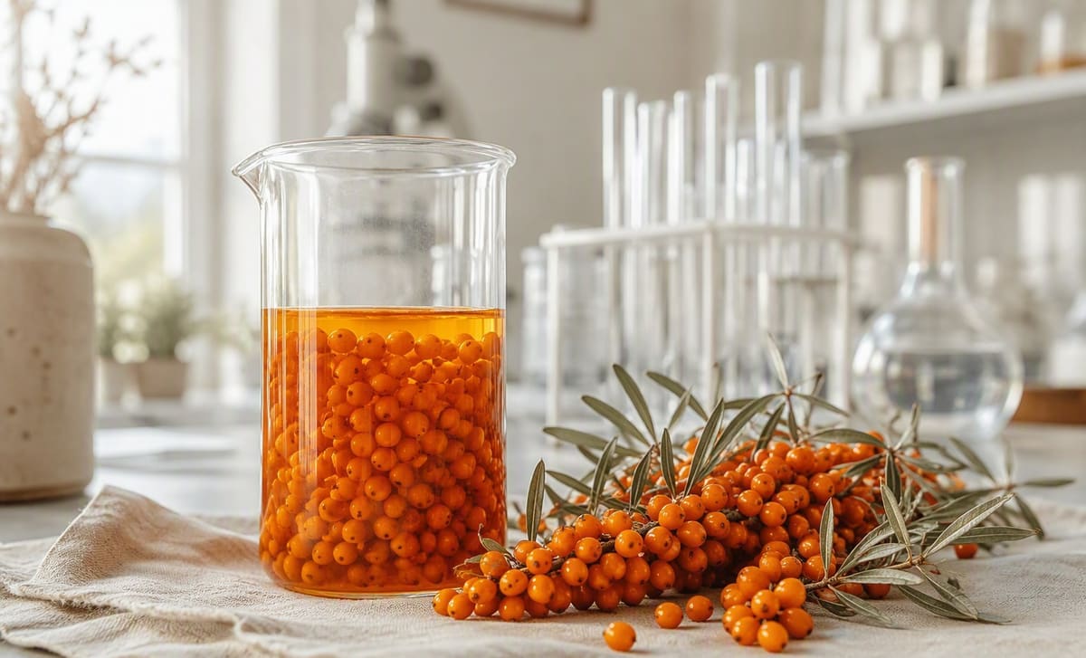 Sea buckthorn berries in a laboratory beaker beside fresh berries on linen