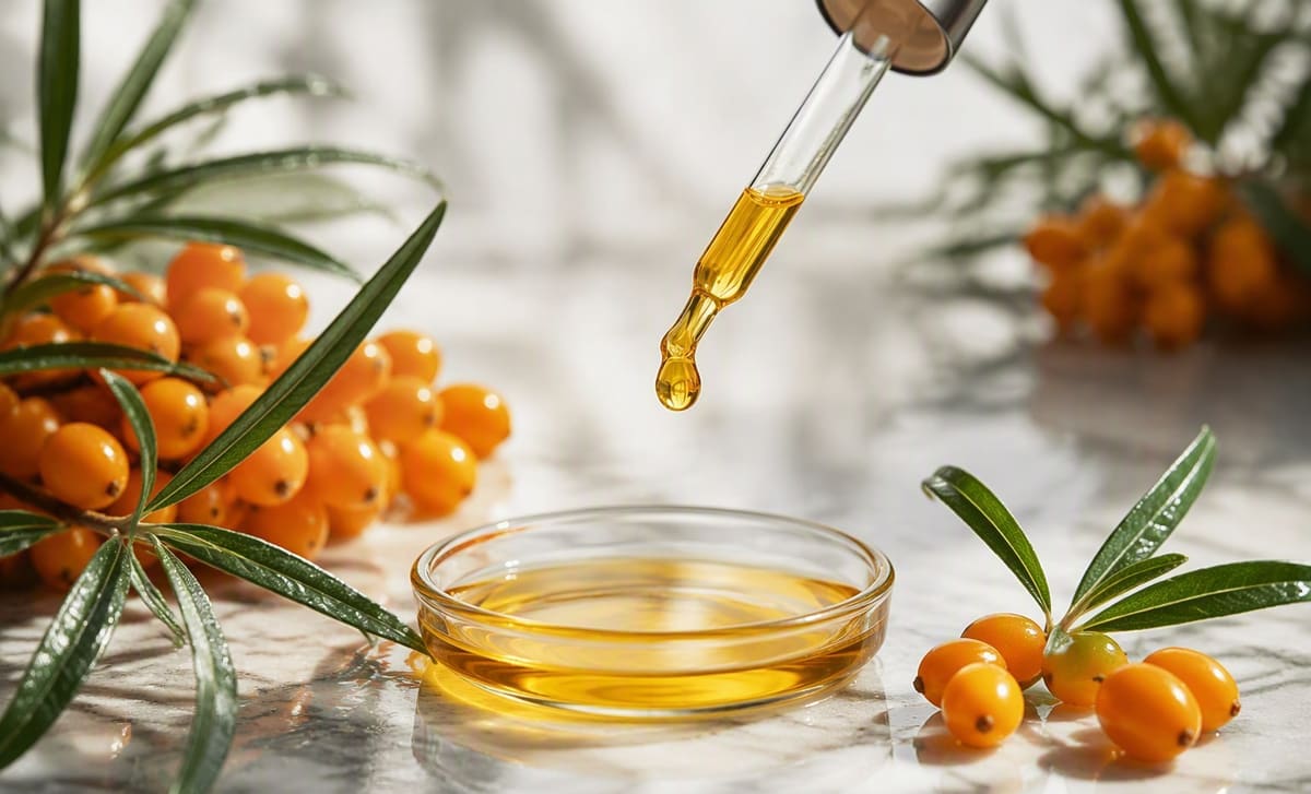 A glass dropper releasing a drop of golden sea buckthorn oil above a small dish, with fresh berries and leaves on marble
