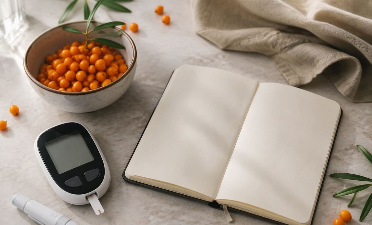 A glucose meter and an open notebook beside a bowl of sea buckthorn berries