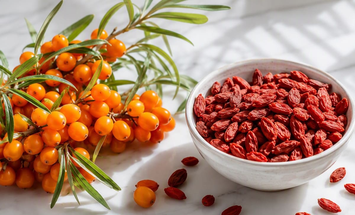 Fresh sea buckthorn berries beside a bowl of dried red goji berries on a bright counter