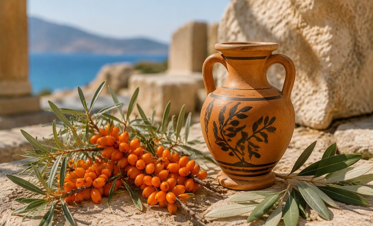 A sea buckthorn sprig beside a terracotta amphora and olive leaves on sunlit stone