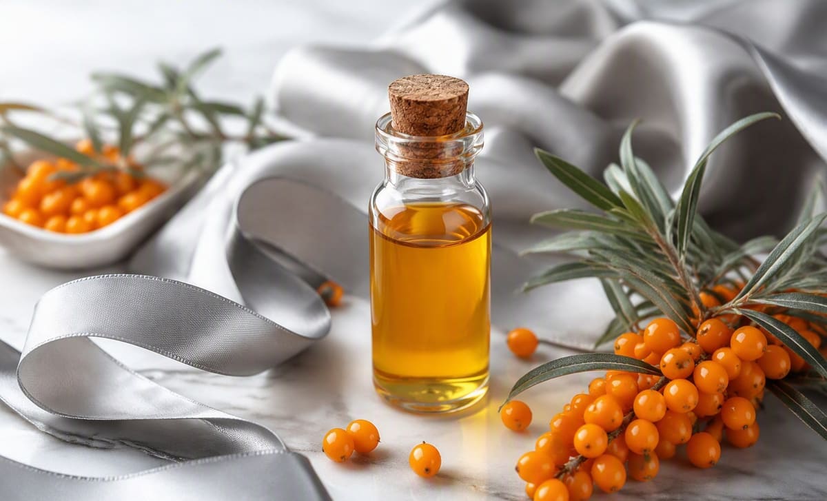 A bottle of golden sea buckthorn oil with a silver grey silk ribbon and fresh orange berries