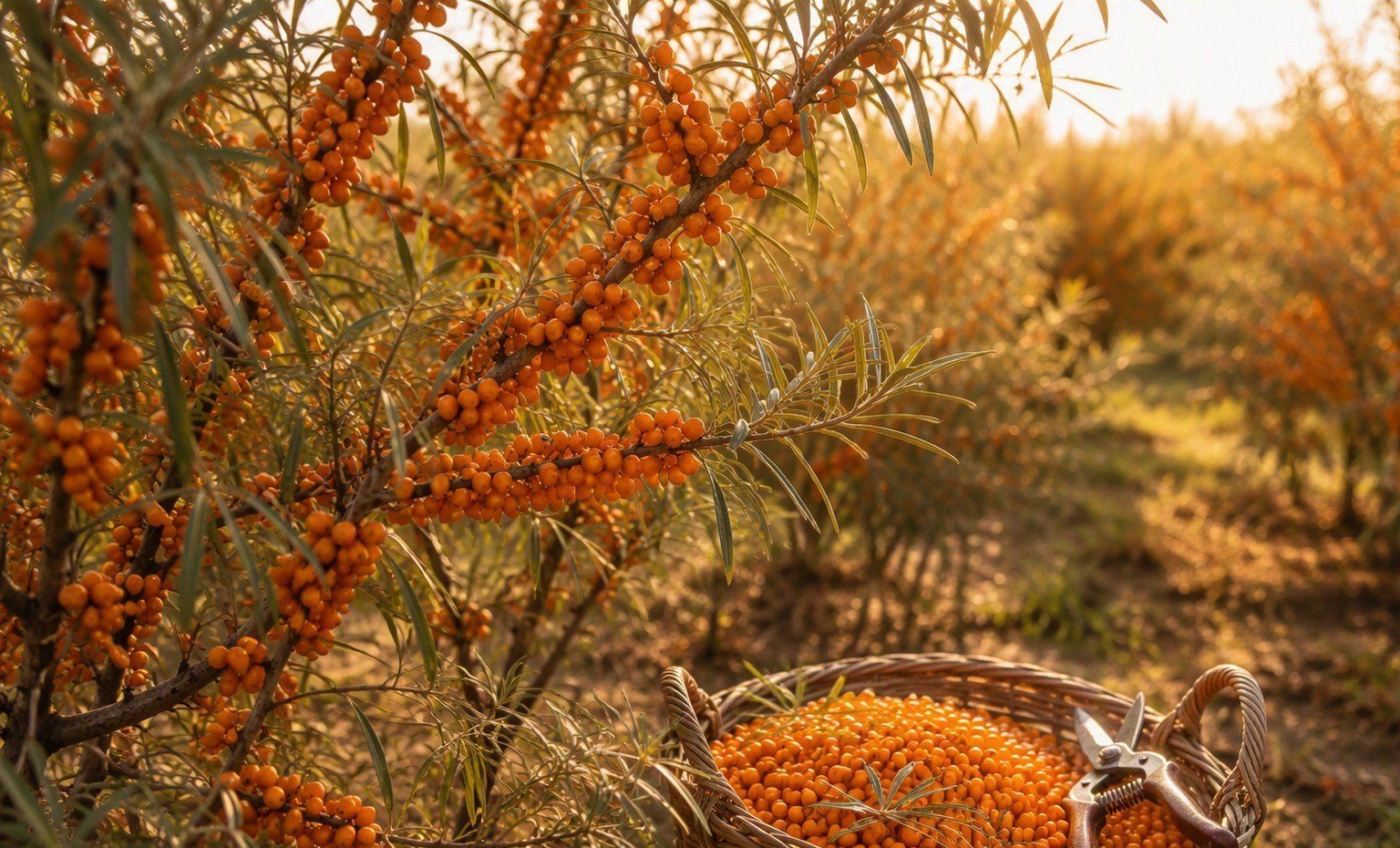 A sea buckthorn orchard row heavy with orange berries, with shears and a woven harvest basket
