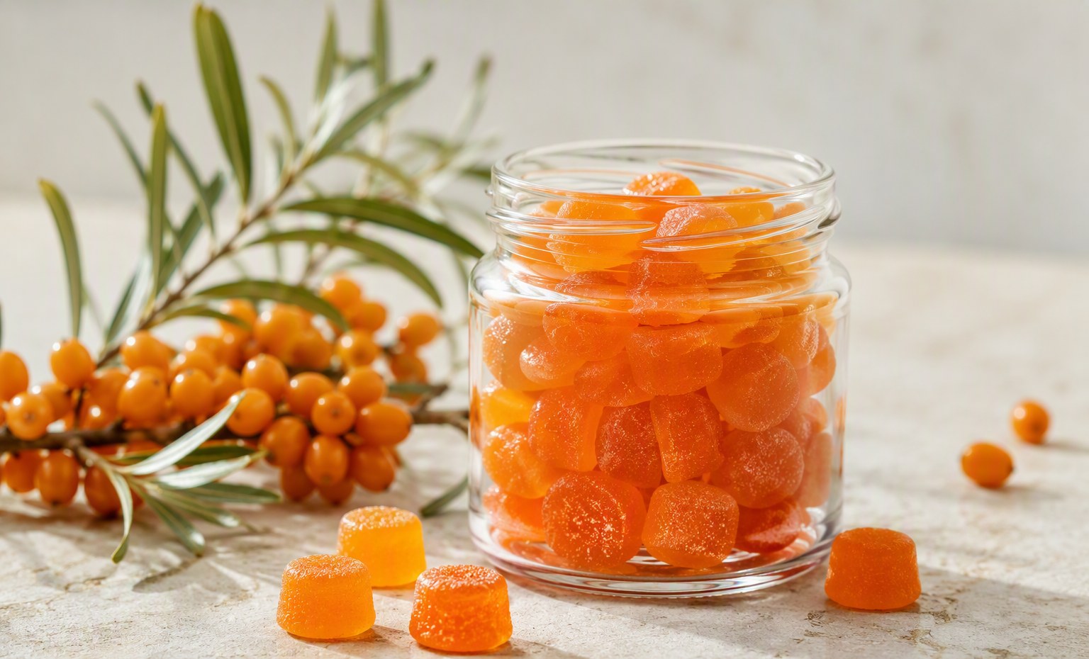 A clear glass jar of orange sea buckthorn gummies beside a fresh berry branch