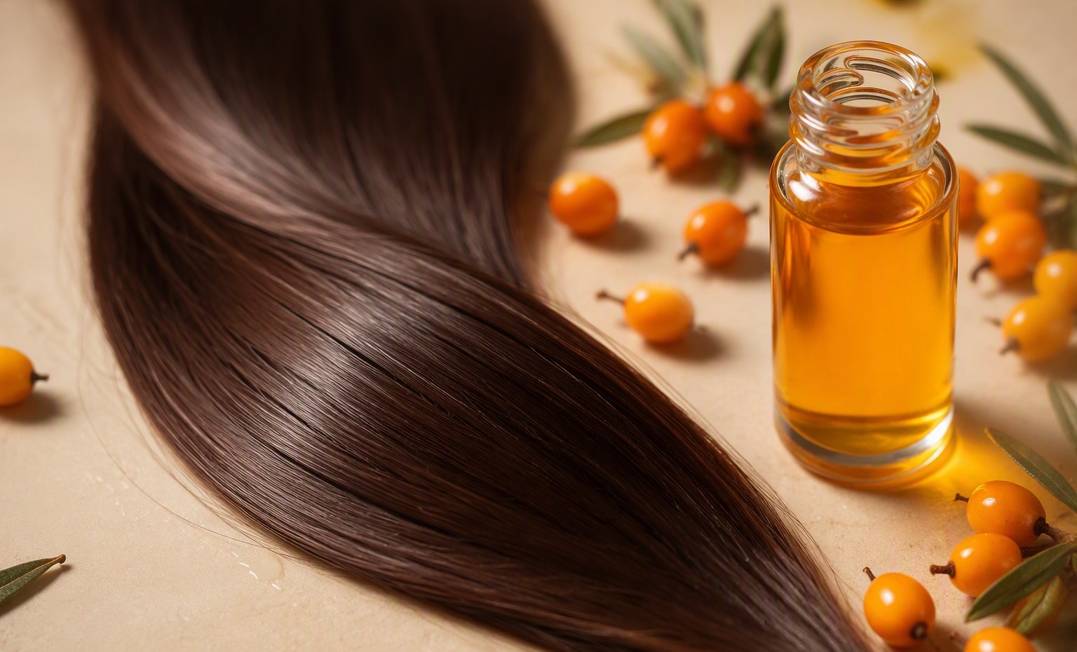 A glossy strand of healthy hair beside a vial of sea buckthorn oil and berries