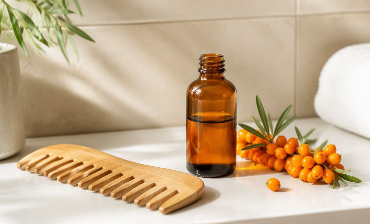 A wooden comb and a small bottle of sea buckthorn oil with fresh berries on a bathroom shelf