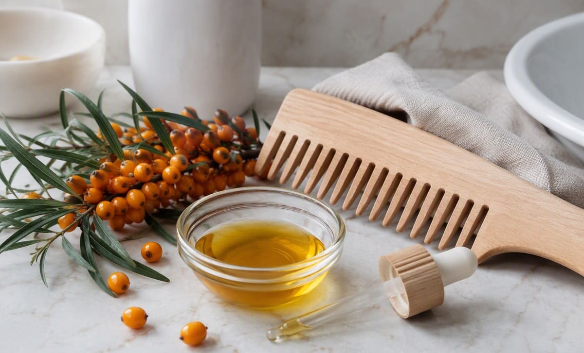 A dish of golden sea buckthorn oil with a dropper beside a wide-tooth wooden comb and berries