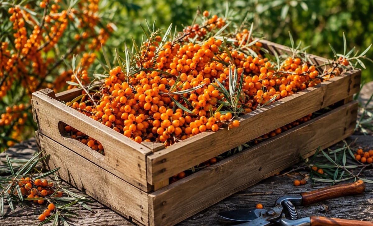 A wooden crate of freshly picked sea buckthorn berry clusters with garden shears