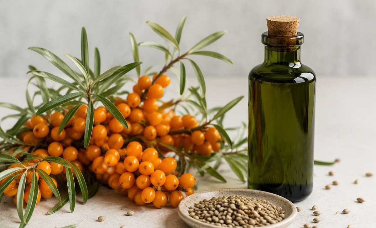 Sea buckthorn berries beside a bottle of deep green hemp oil and a dish of hemp seeds