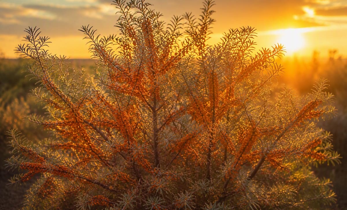 A full sea buckthorn shrub with silver leaves and orange berries backlit by evening sun