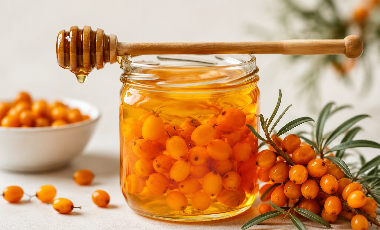 A jar of sea buckthorn infused honey with a wooden dipper and fresh berries on a branch