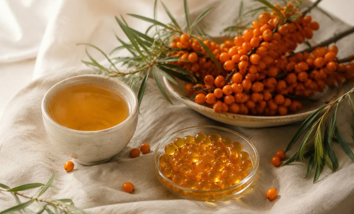 Sea buckthorn berries, herbal tea, and golden oil capsules on soft linen