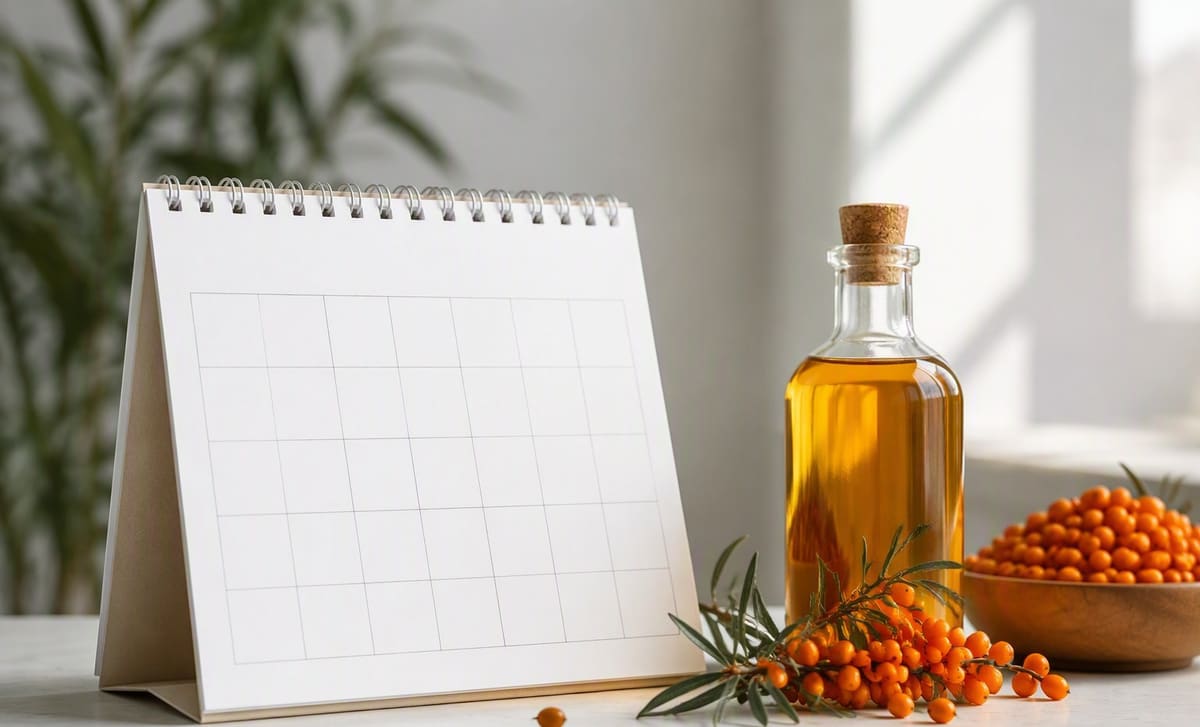 A blank desk calendar beside a bottle of golden sea buckthorn oil and fresh berries
