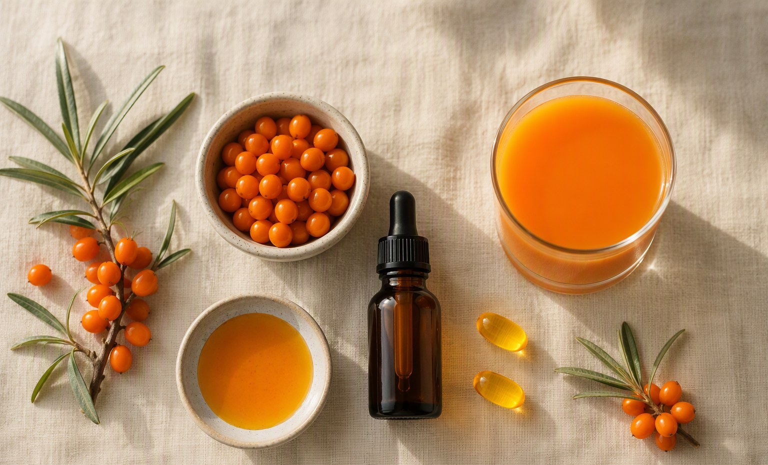 A daily sea buckthorn flat lay: oil bottle, softgels, and a glass of juice