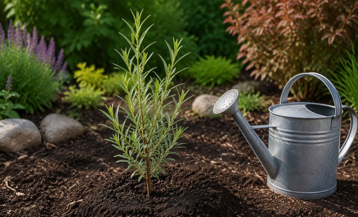 A young sea buckthorn shrub newly planted in a garden bed with a watering can