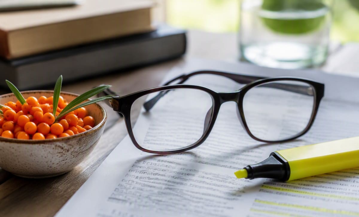 Reading glasses and a highlighter resting on a research paper beside a bowl of sea buckthorn berries