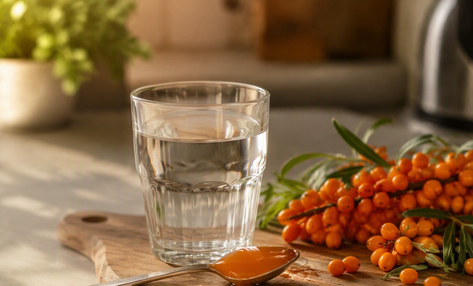 A spoon of orange sea buckthorn oil, a glass of water, and berries on a kitchen counter