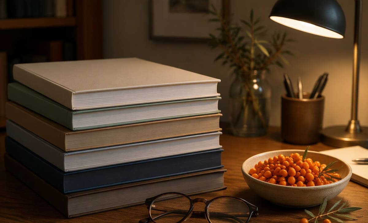 A stack of journals, reading glasses, and a bowl of sea buckthorn berries on a desk
