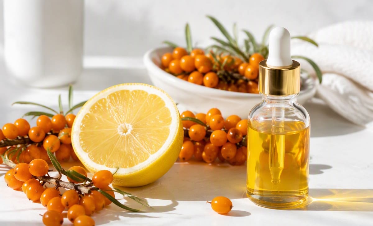 Fresh sea buckthorn berries, a halved lemon, and a dropper bottle of golden oil on a white surface