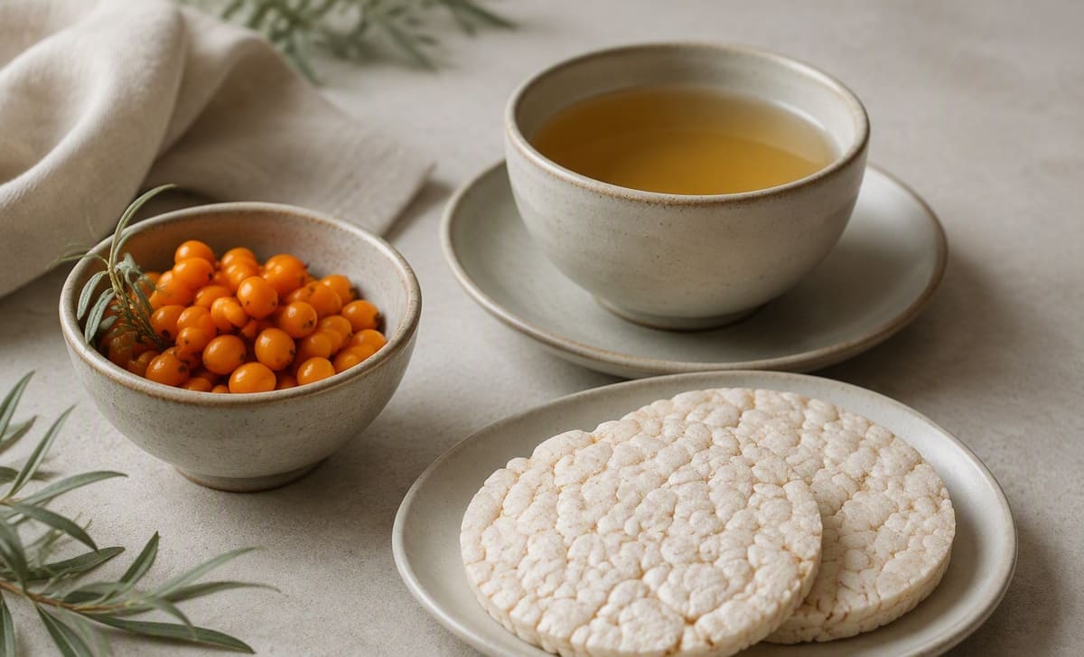 A small bowl of sea buckthorn berries with herbal tea and plain rice cakes