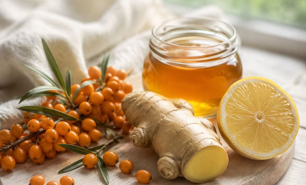 Sea buckthorn berries with ginger, lemon, and a jar of honey on light wood