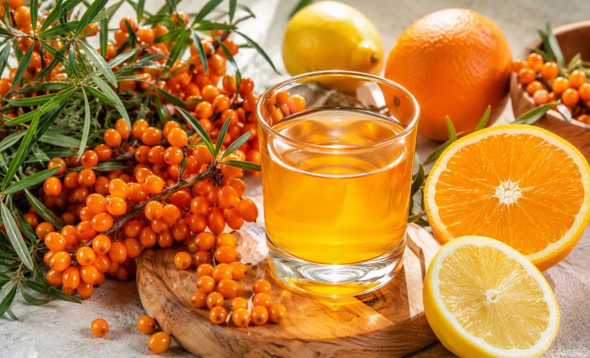 Fresh sea buckthorn berries, citrus slices, and a glass of golden juice on a bright table
