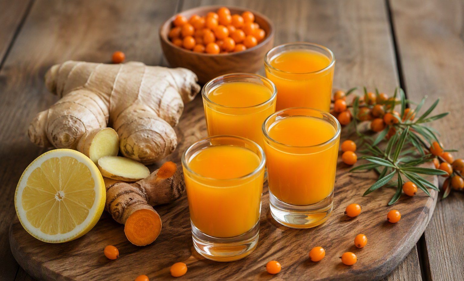Four orange sea buckthorn ginger shots on a board with ginger, turmeric, and lemon