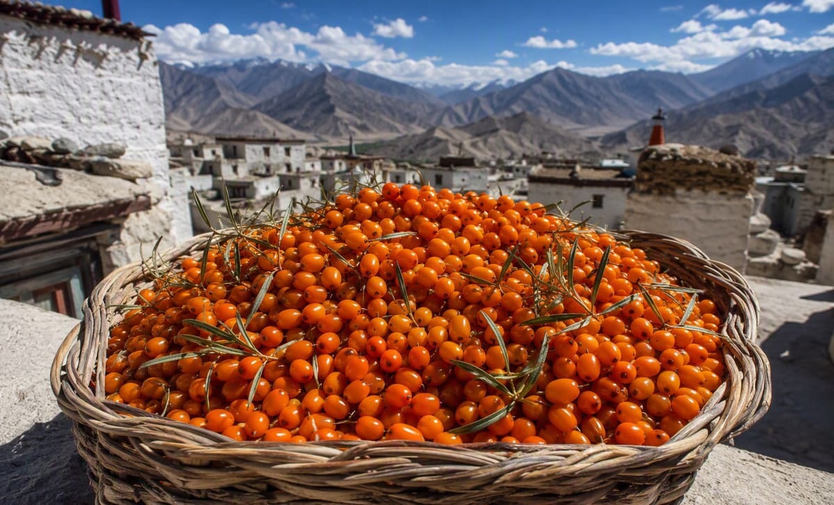 A woven basket of sea buckthorn berries at a high altitude Ladakhi village market