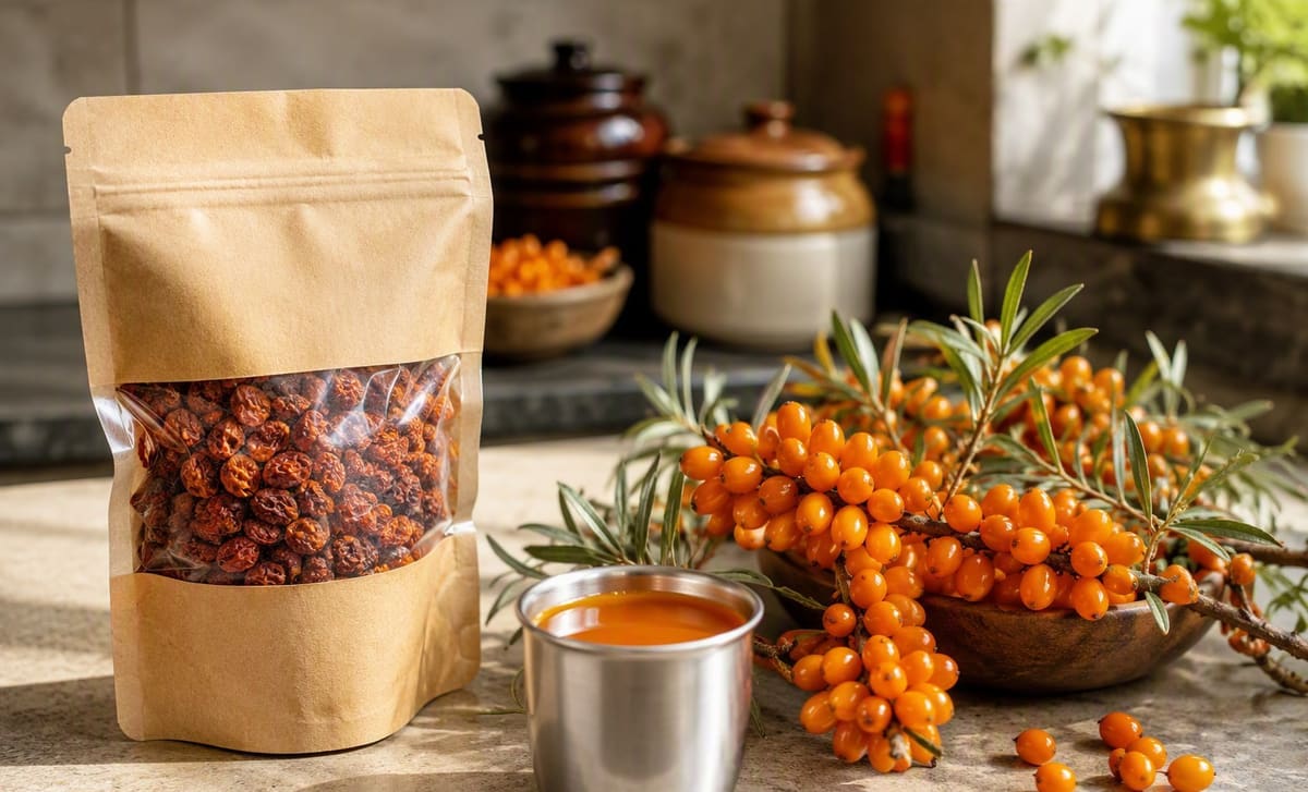 Dried Ladakh sea buckthorn berries with fresh berries and berry juice on a kitchen counter