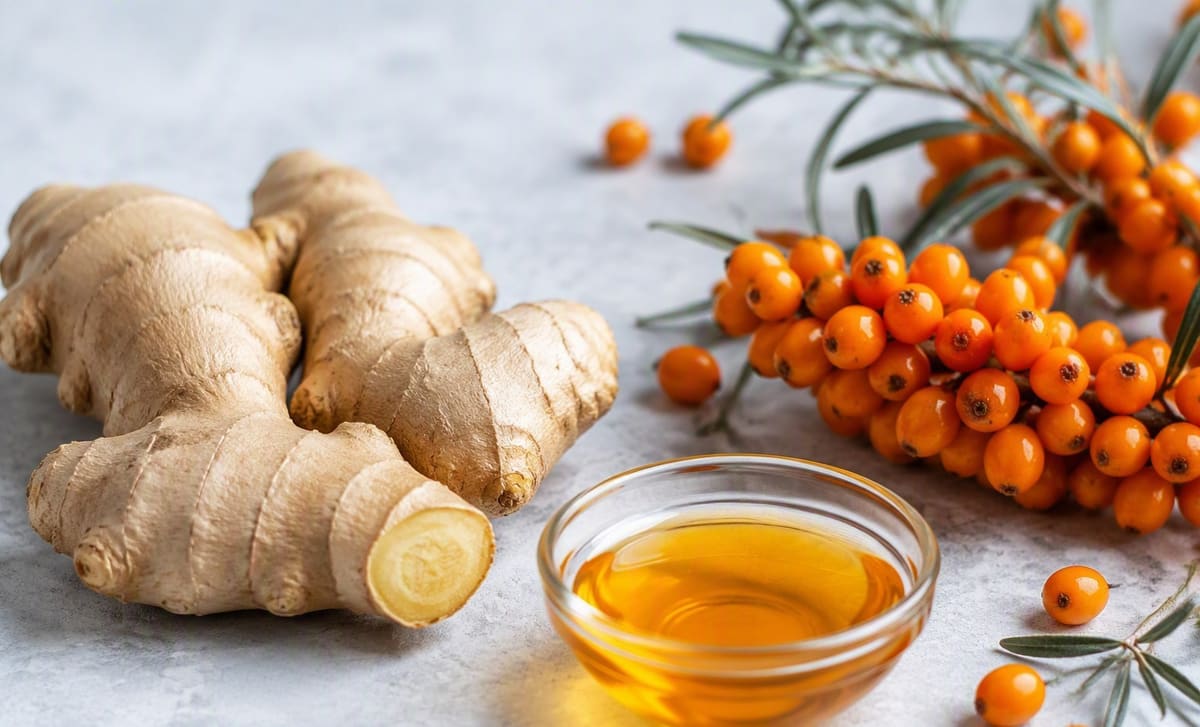 Fresh ginger root, a dish of golden sea buckthorn oil, and bright orange berries on a pale surface