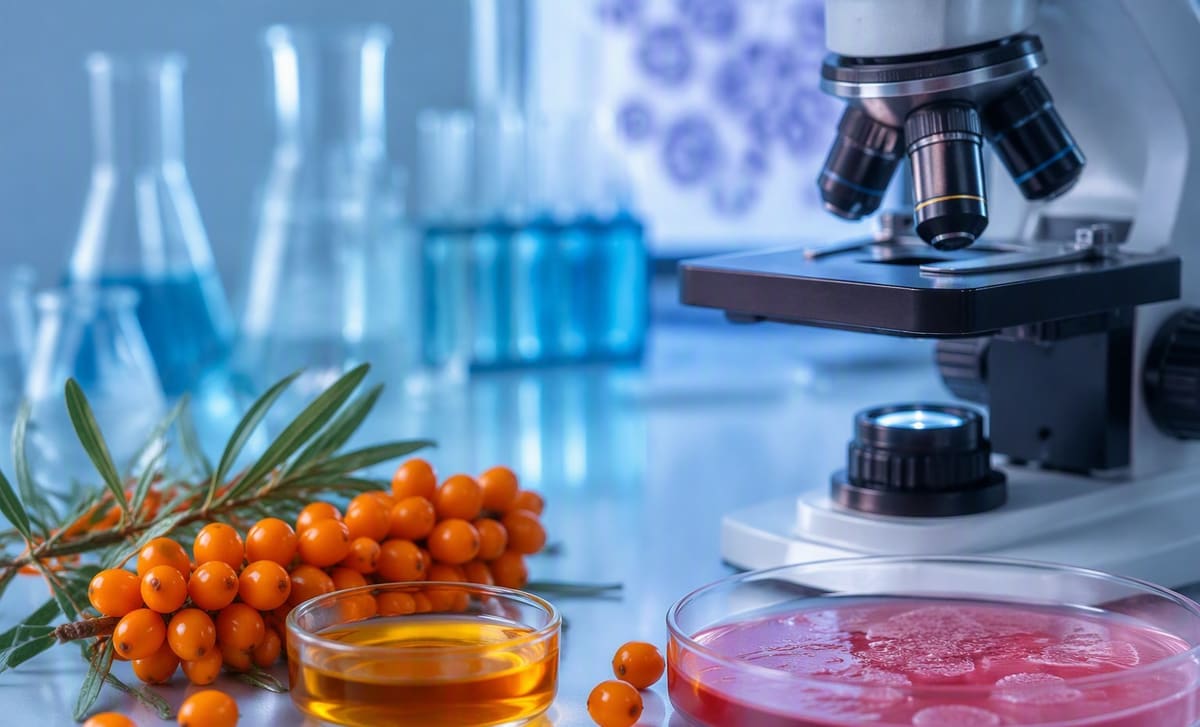Sea buckthorn berries and oil beside a microscope and petri dish in a lab