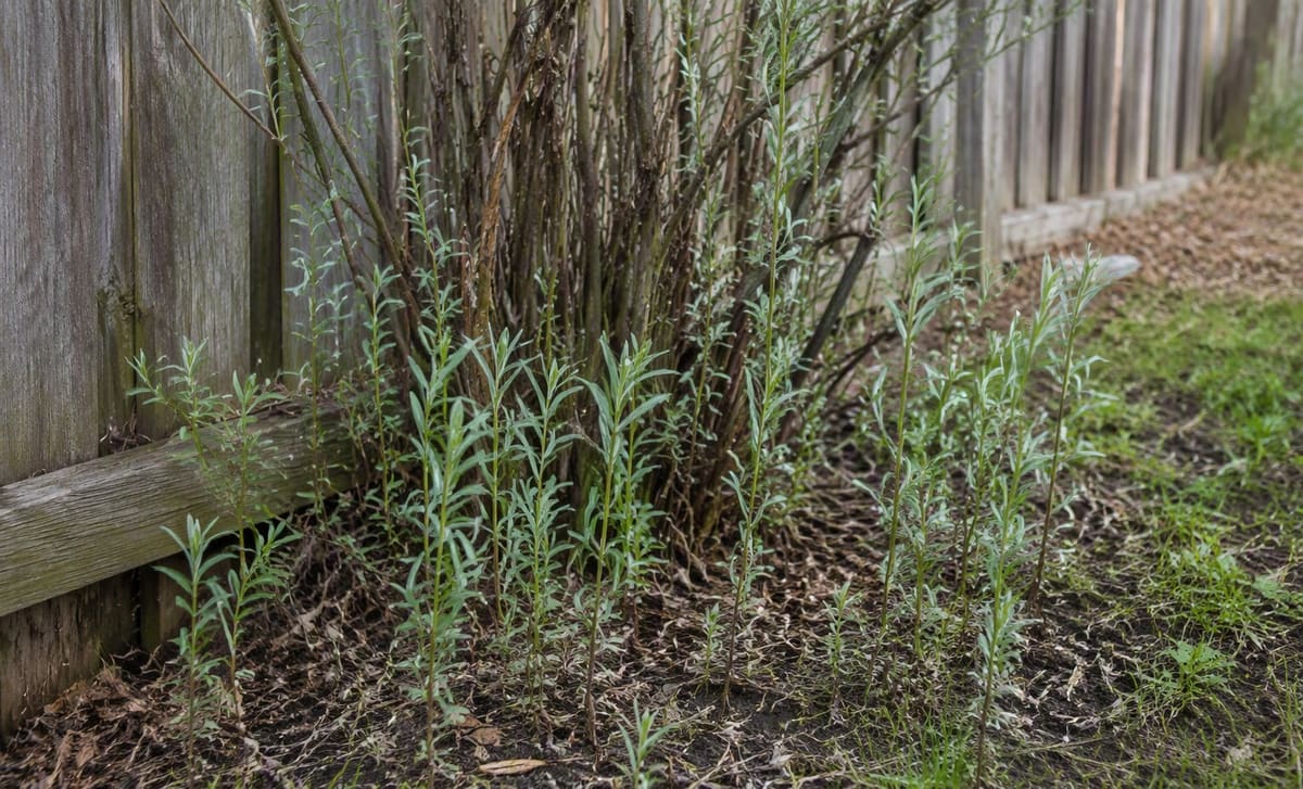 Young sea buckthorn suckers spreading at the base of a shrub along a fence