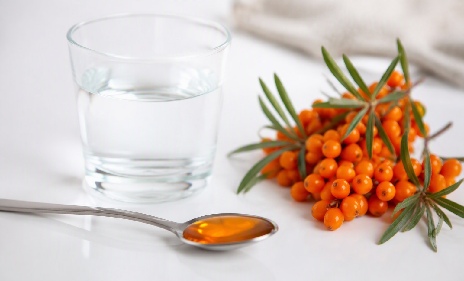 A measured teaspoon of sea buckthorn oil beside a glass of water and berries