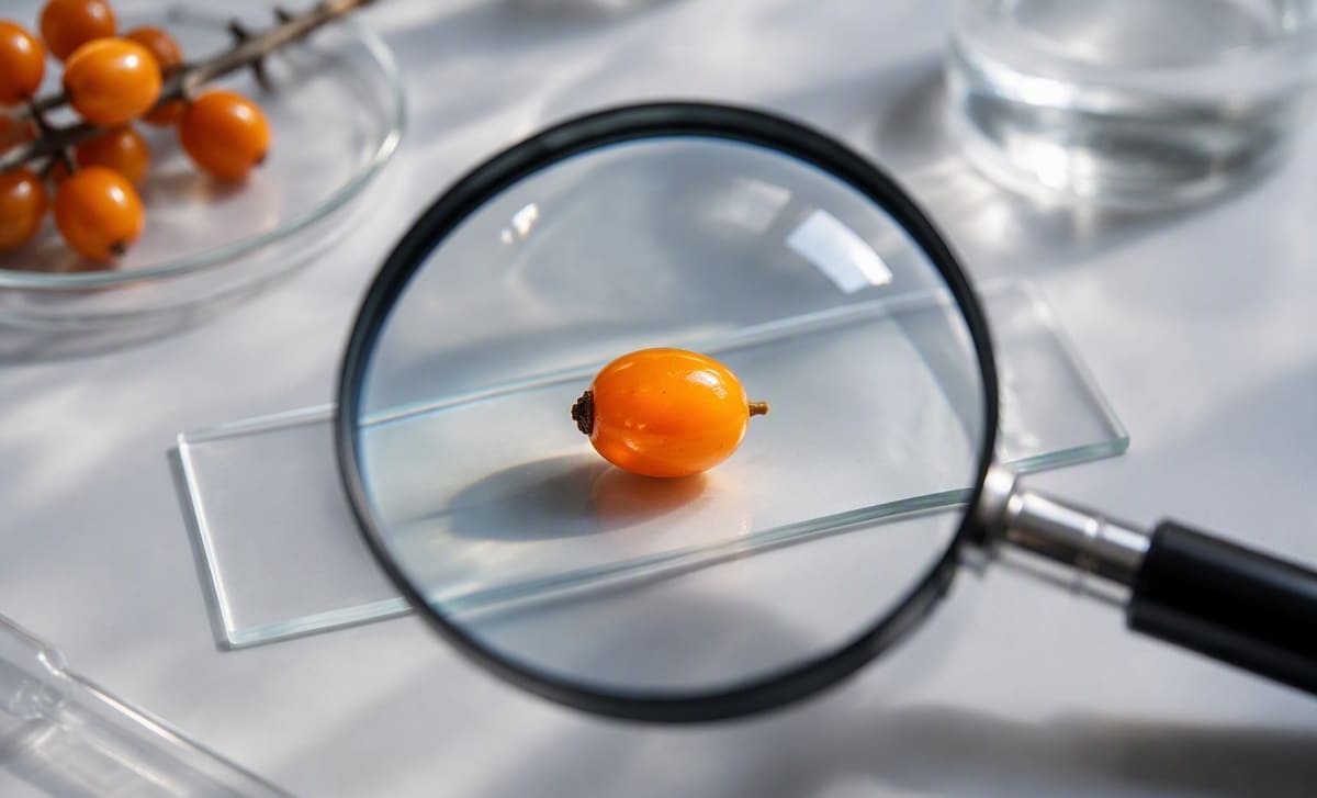 A single sea buckthorn berry on a glass slide under a magnifying glass