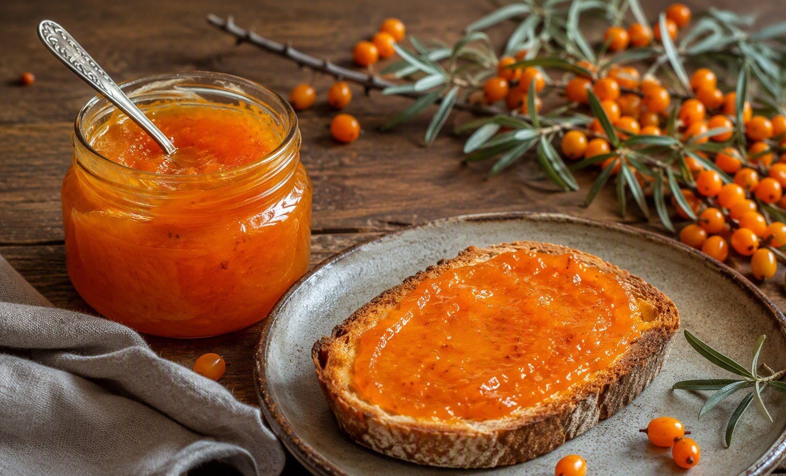 An open jar of bright orange sea buckthorn jam beside a slice of jam-covered toast