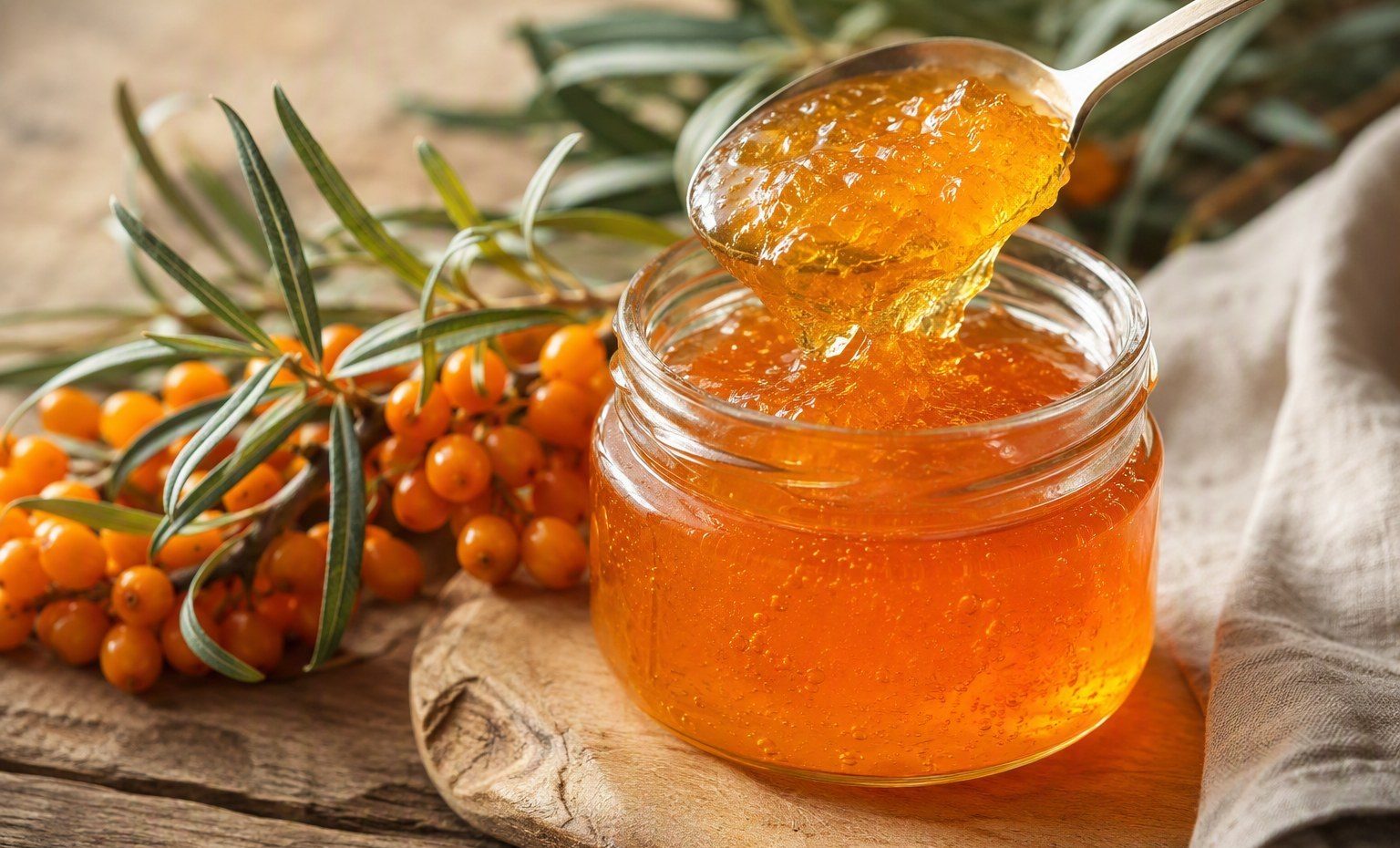 A spoon lifting clear amber sea buckthorn jelly from a glass jar beside a berry branch