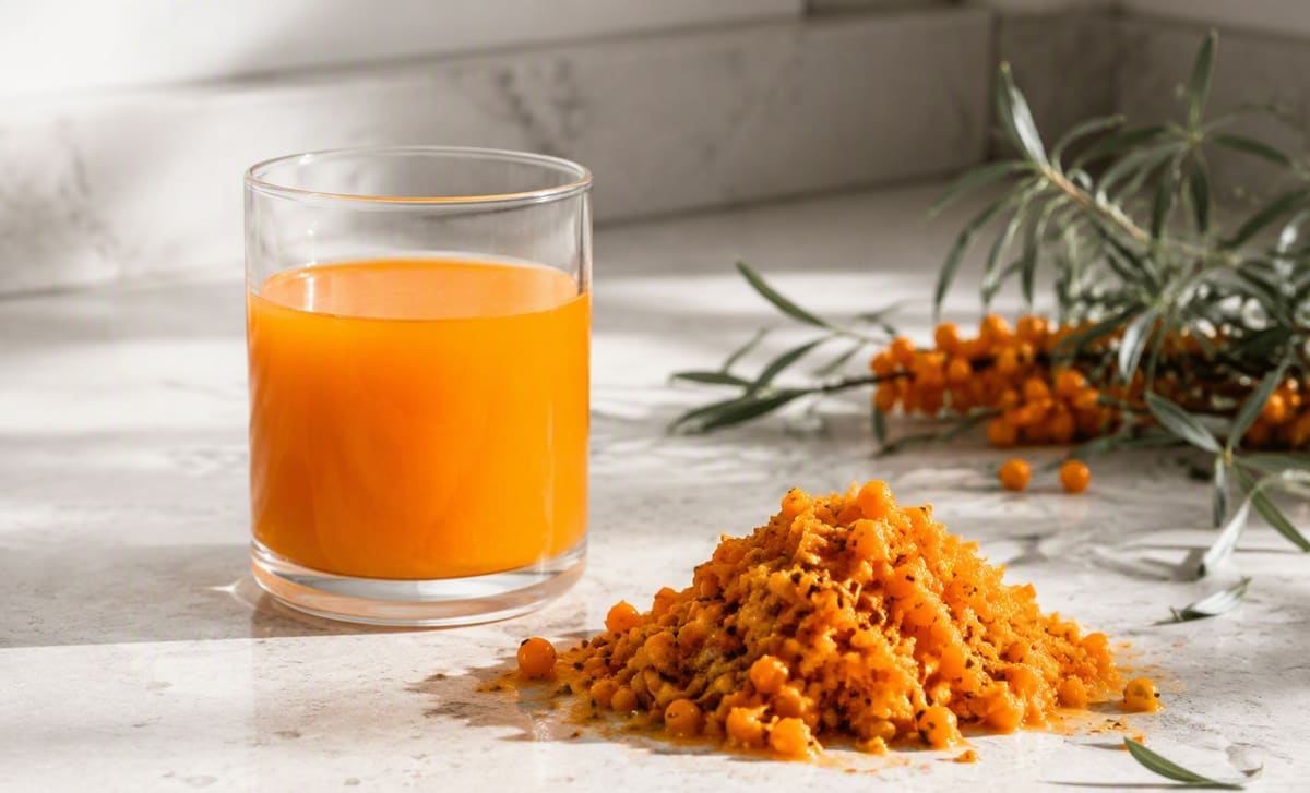 A glass of orange sea buckthorn juice beside a pile of pressed berry pulp