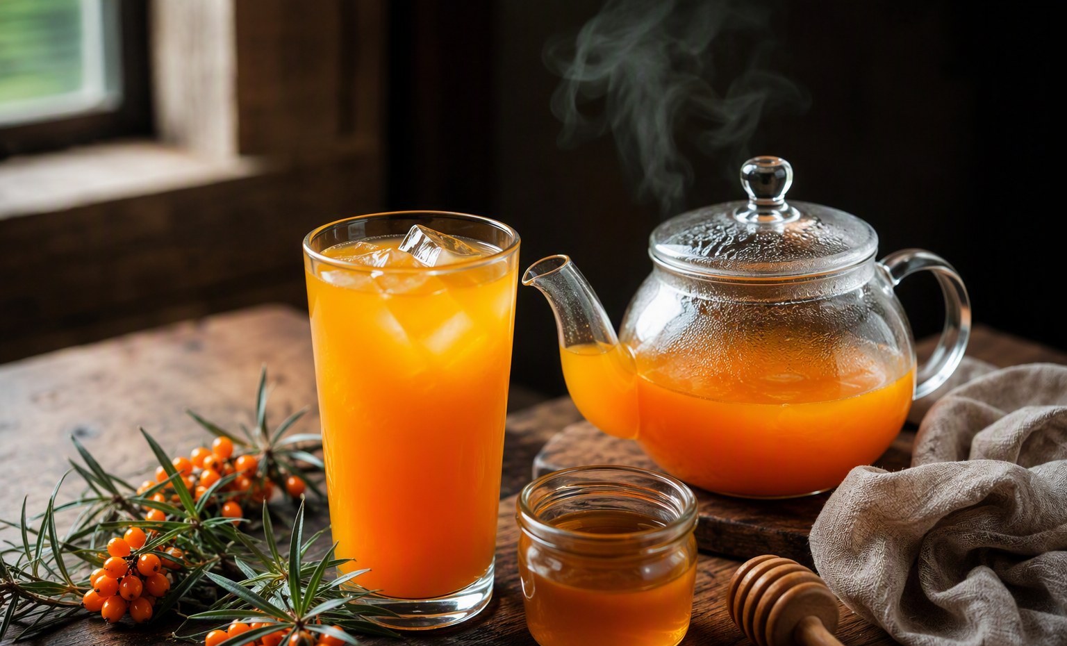 A tall glass of orange sea buckthorn juice with ice beside a steaming glass teapot