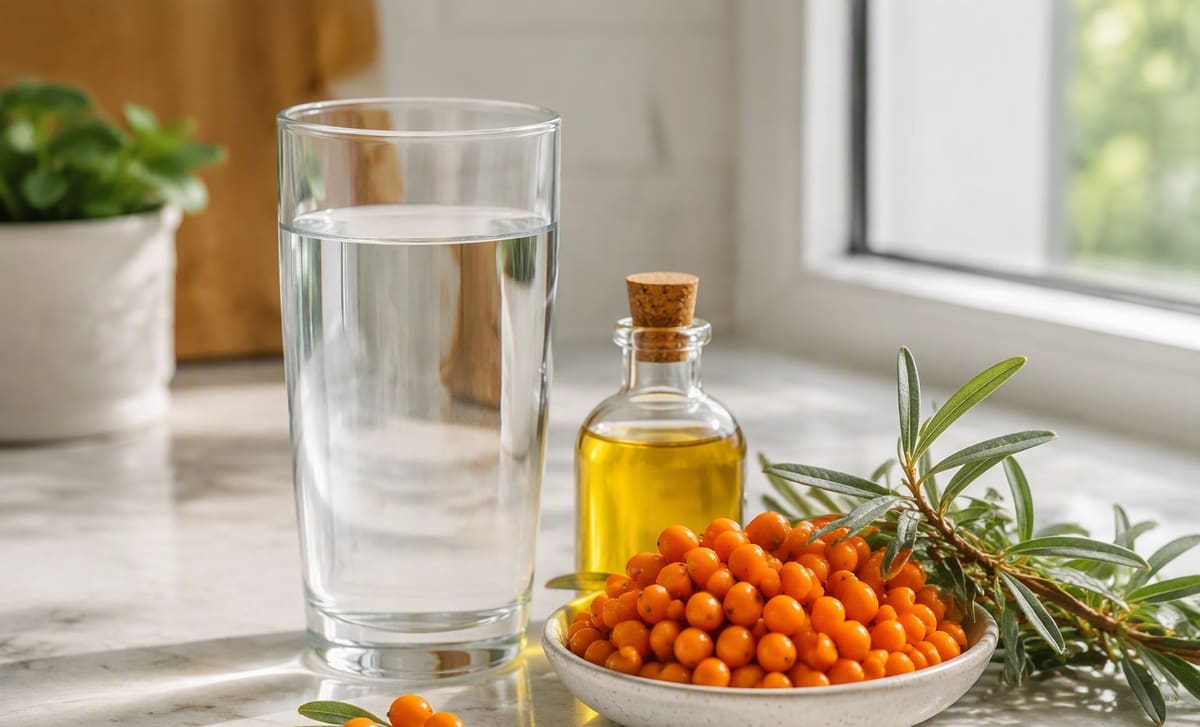 A tall glass of water beside fresh sea buckthorn berries and a small bottle of golden oil