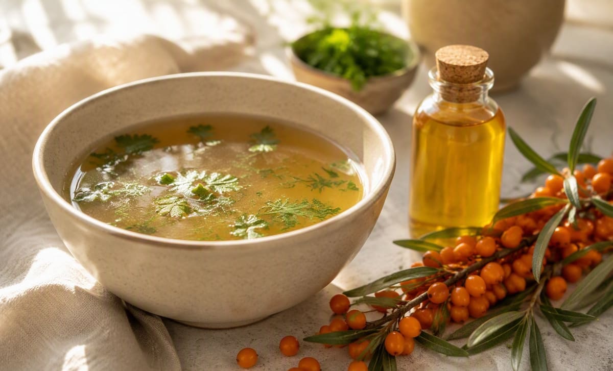 A bowl of clear broth with herbs beside a bottle of golden sea buckthorn oil and orange berries